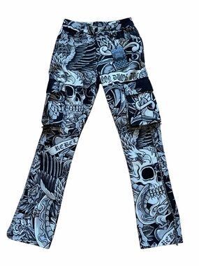 New Rebel Vengeance Men's Tapestry Skull Cargo Pants Skeleton Fringe Goth 28